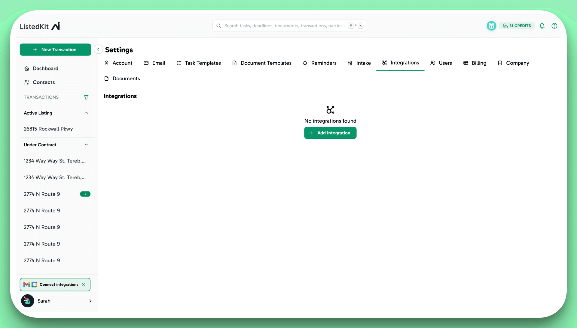 ListedKit Settings - Integrations page showing Google Calendar, Outlook Calendar, Gmail, and Outlook connections