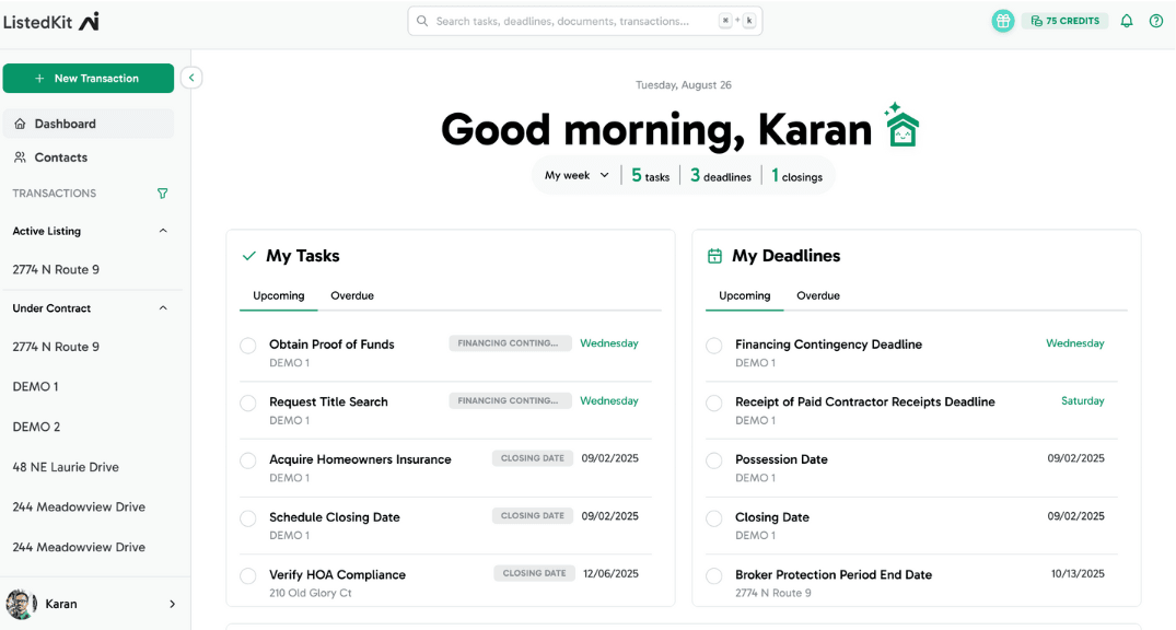 ListedKit AI Dashboard for Transaction Coordinators showing instant task automation