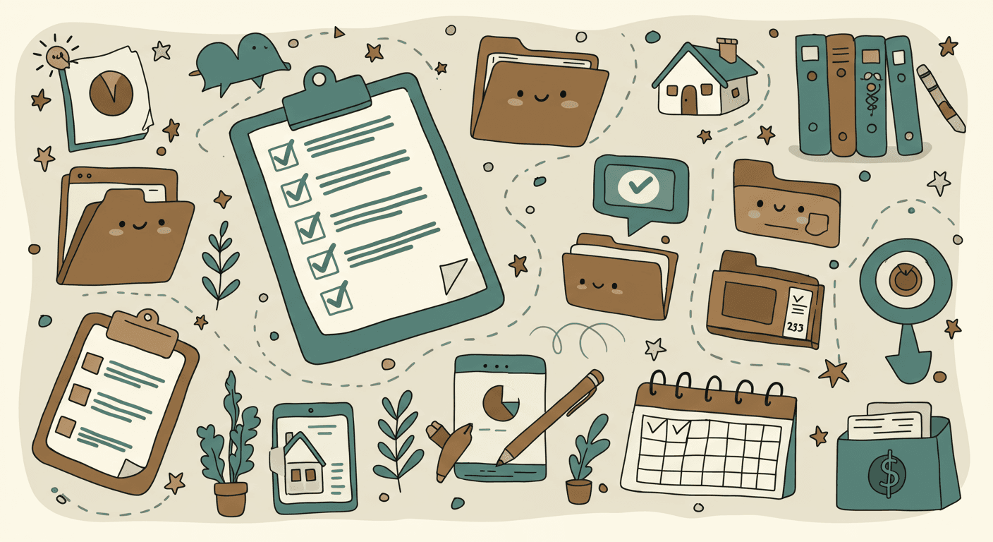 Real estate SOP template illustration with checklists, folders, and documents