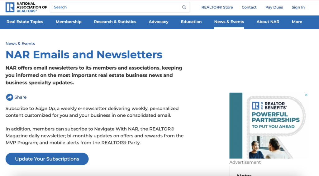 NAR email newsletter for realtors